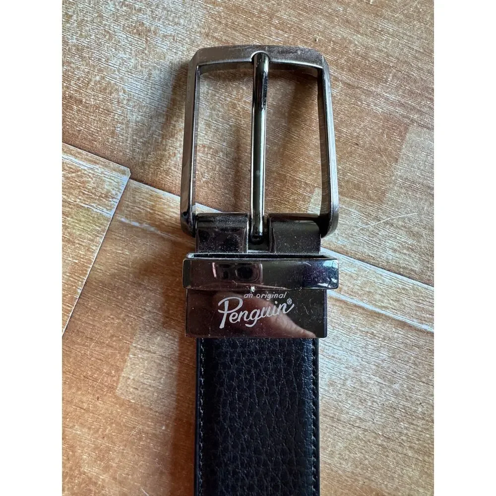 Original Penguin Men's Reversible Leather Belt Black Brown, Silver Buckle